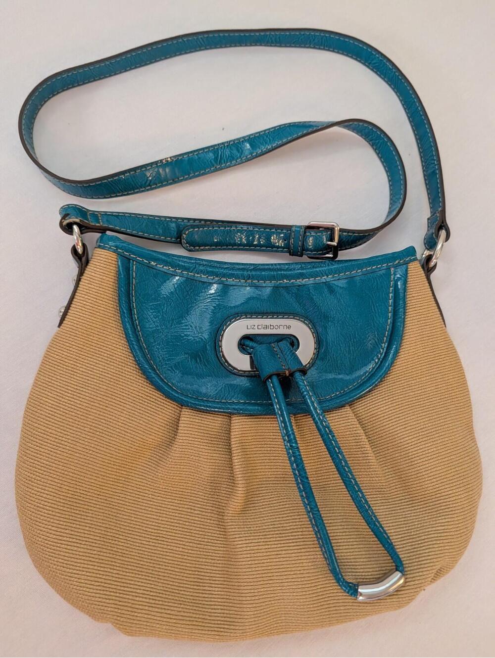 Vintage Liz Claiborne Canvas & Teal Patent Leather Accent Crossbody Shoulder Bag